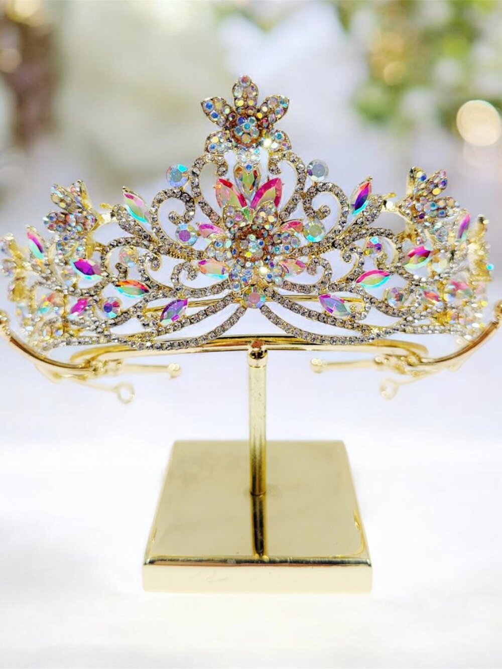 Gold Medieval Tiara, AB Flower Crown, Renaissance Crown, Bride Hair Jewelry